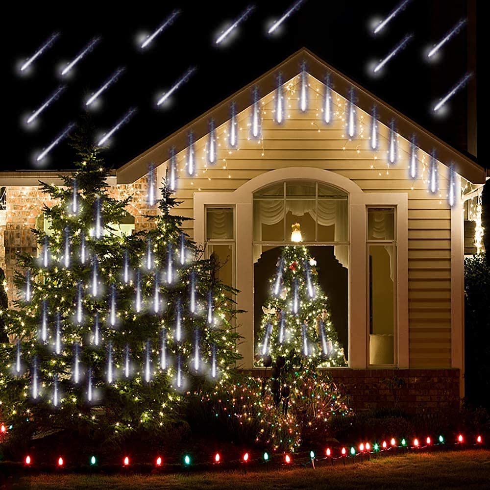 Kordain Meteor Shower Christmas Lights - 12In 8 Tubes, 144 Led, White, Ul Plug, 26.9Ft For Holiday Party Decoration