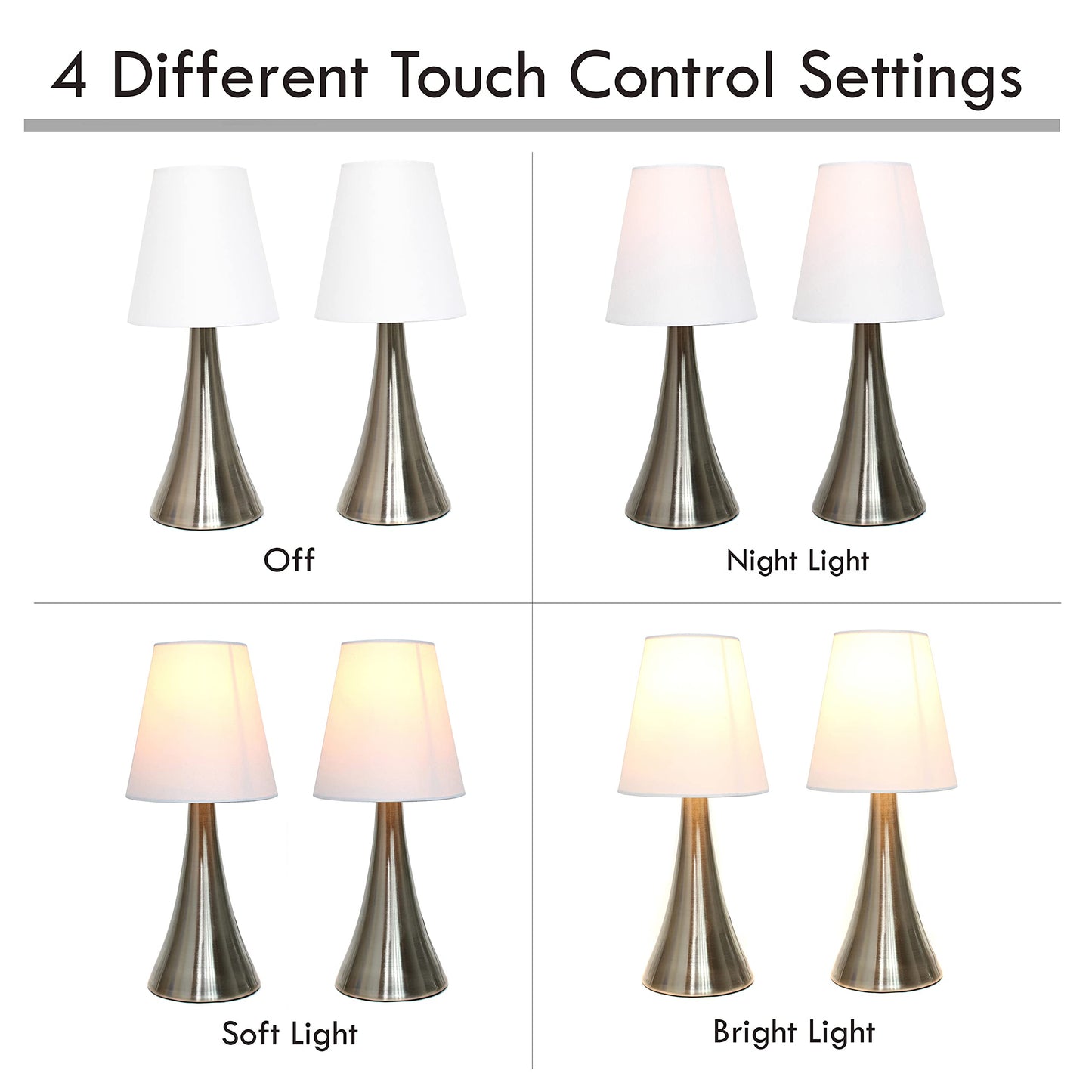 Simple Designs Lt2014-Wht-2Pk Brushed Nickel Mini Touch Table Lamps, Fabric Shades, Pack Of 2, White