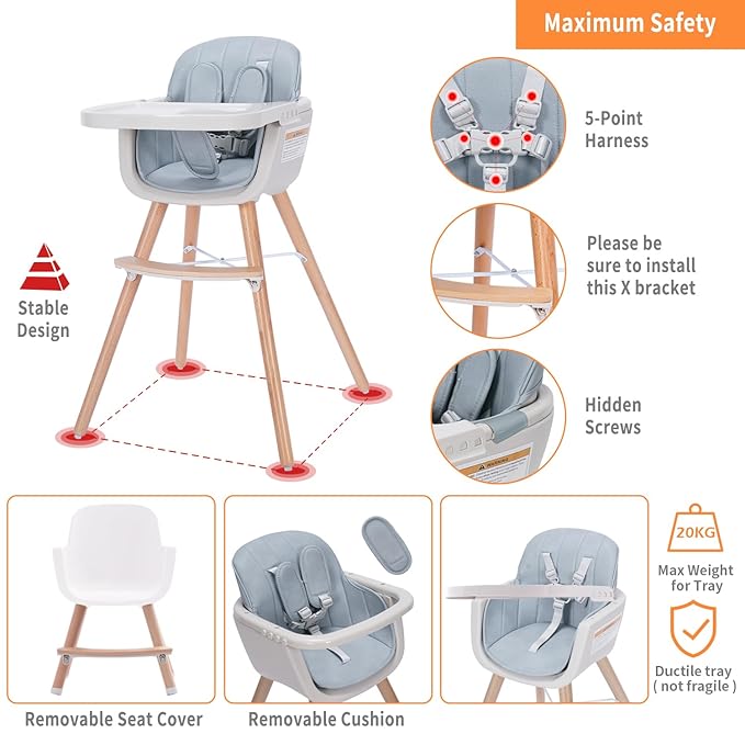 Mallify 3-in-1 Convertible Wooden High Chair, High Chairs for Babies and Toddlers, Baby High Chair with Adjustable Legs & Dishwasher Safe Tray, Made of Sleek Hardwood & Premium Leatherette, Blue