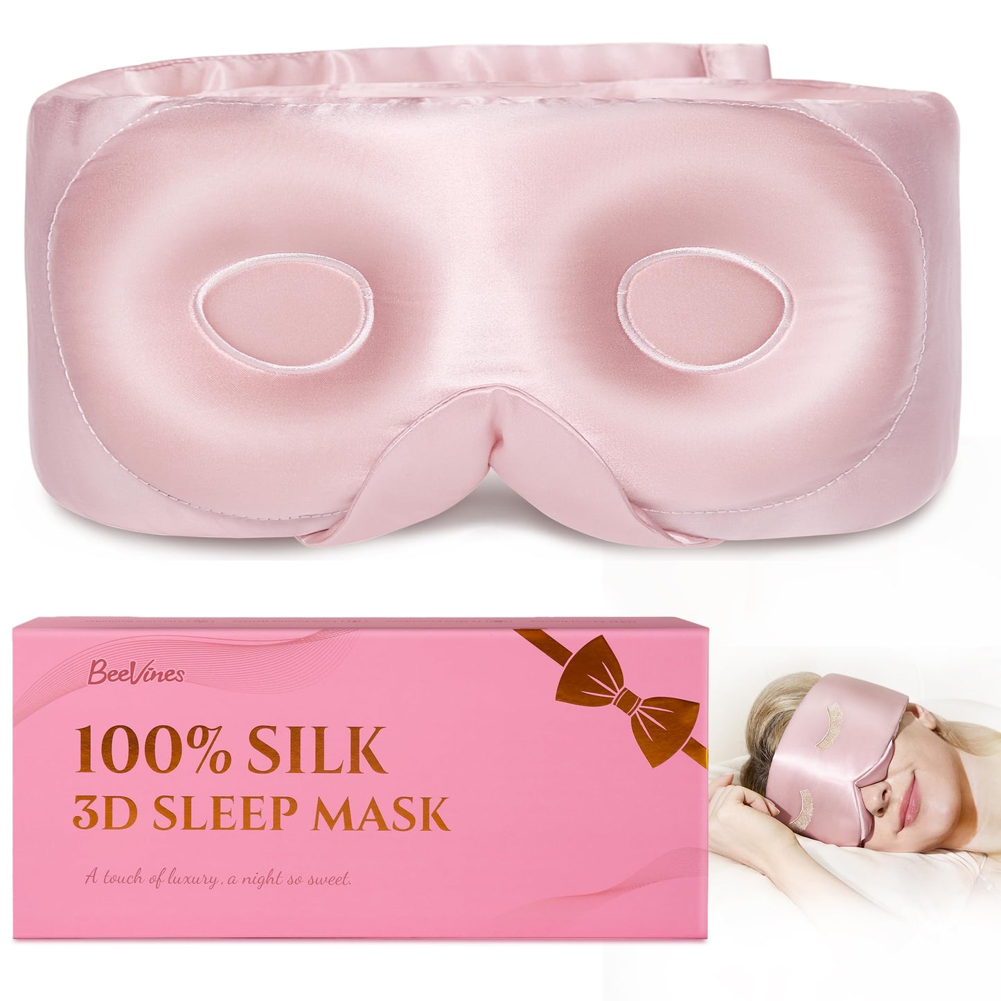 BeeVines Pure Silk 3D Sleep Mask for Women, Luxury 100% 22 Momme Mulberry Silk 3D Contoured Eye Mask for Lash Extensions, Zero Eye Pressure & Blackout Blindfold for Sleeping, with Adjustable Band