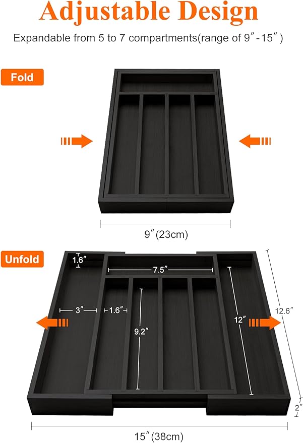 Expandable Bamboo Kitchen Drawer Organizer Utensil Tray Black Wood Silverware Organizer Adjustable Wooden Cutlery Tray for Fork Spoon Organizer Large Cooking Utensil Holder Drawer Flatware Organizer