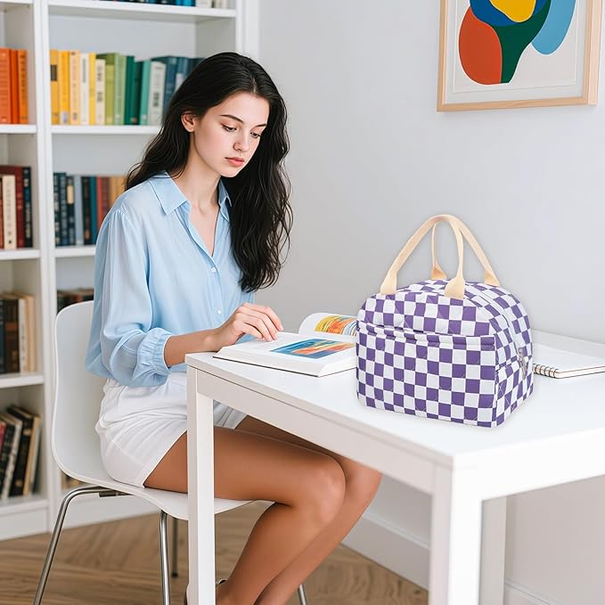 Cotton Quilted Insulated Lunch Bag, Cute Quilted Floral Lunch Tote Bags Reusable Insulated Lunch Box Coquette Aesthetic Large Capacity Insulated Cooler for Women Work Travel Picnic (Checkered Purple)