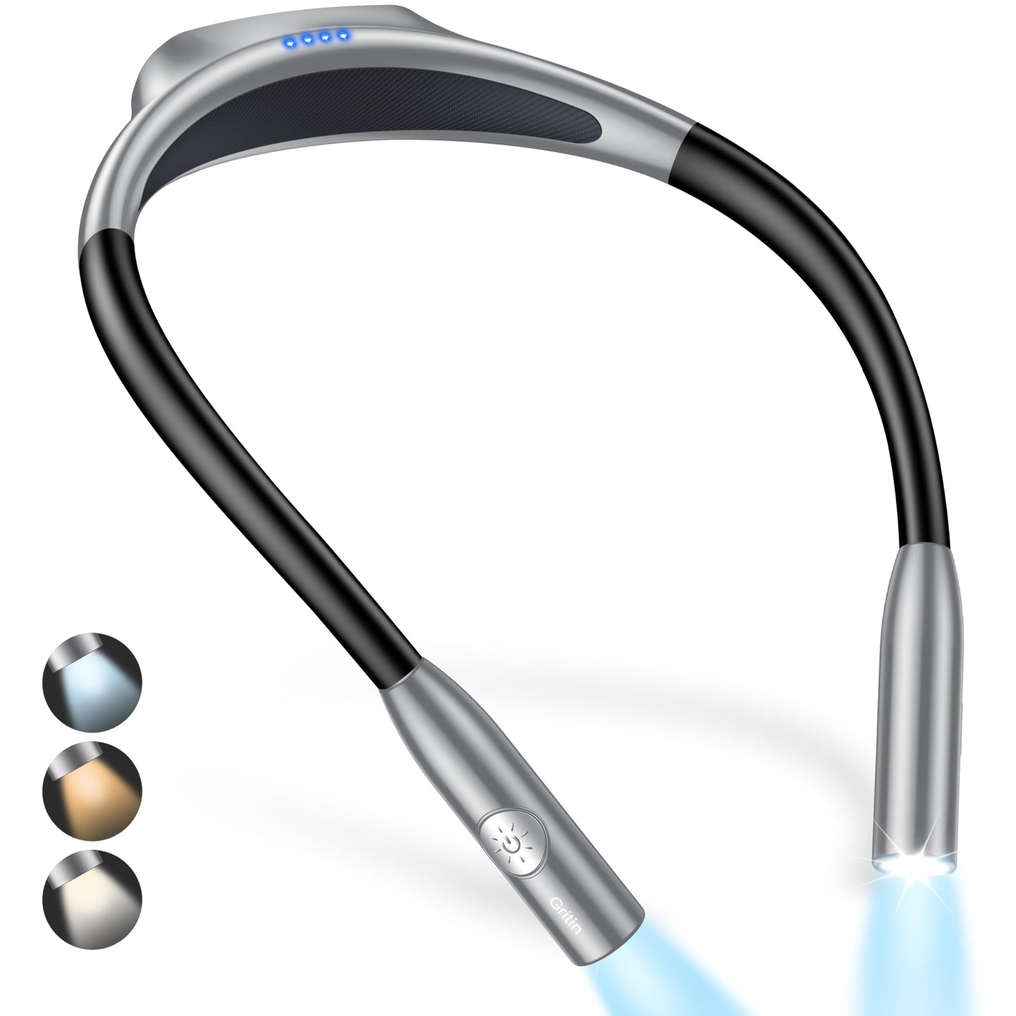 Gritin LED Neck Reading Light - Dimmable, 3 Colors, 80+ Hrs Runtime, Lightweight, Gray, Model G1337