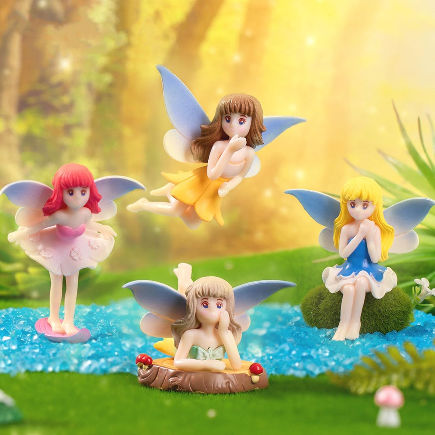 Small Fairy Figurines, Miniature Fairy Garden Accessories for Fairy Garden, Birthday Cake Topper, Flower Pot, Home Decoration,Girl Fly Wing Figurines for Car Decor, 4 Pieces