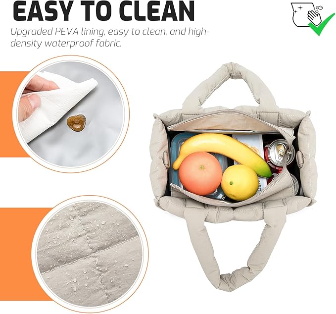 NOL Natural Organic Lifestyle Women's Nylon Lunch Cooler Quilted Tote Bag Puffy Insulated Lunch Bag for Women, Lightweight Waterproof Lunch Box for Work, Picnic, Outdoors,Khaki