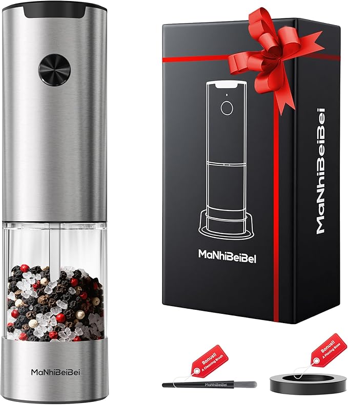 Electric Salt and Pepper Grinder One-hand Operated, Adjustable Coarseness, Stainless Steel body Ceramic Burrs,Pepper Shakers Mills with LED Light,House Warming Cooking Gift