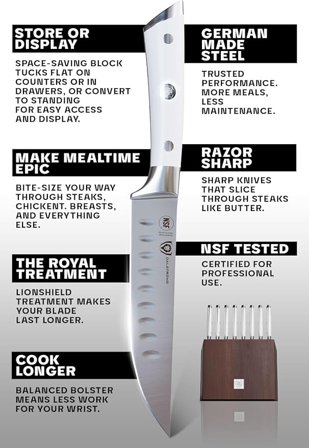 Dalstrong Steak Knife Set with Folding Block - 8 Pc - Gladiator Series - 5" Straight Edge Blade - Forged High-Carbon German Steel - w/Modular Storage Block - Glacial White ABS Handle - NSF Certified