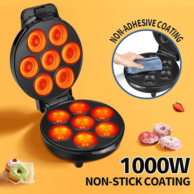 DSP Mini Donut Maker - Non-Stick, Cool Touch Electric Doughnut Machine for Mini Donuts - Perfect for Breakfast, Snacks & Desserts (Black, 7 Donuts)