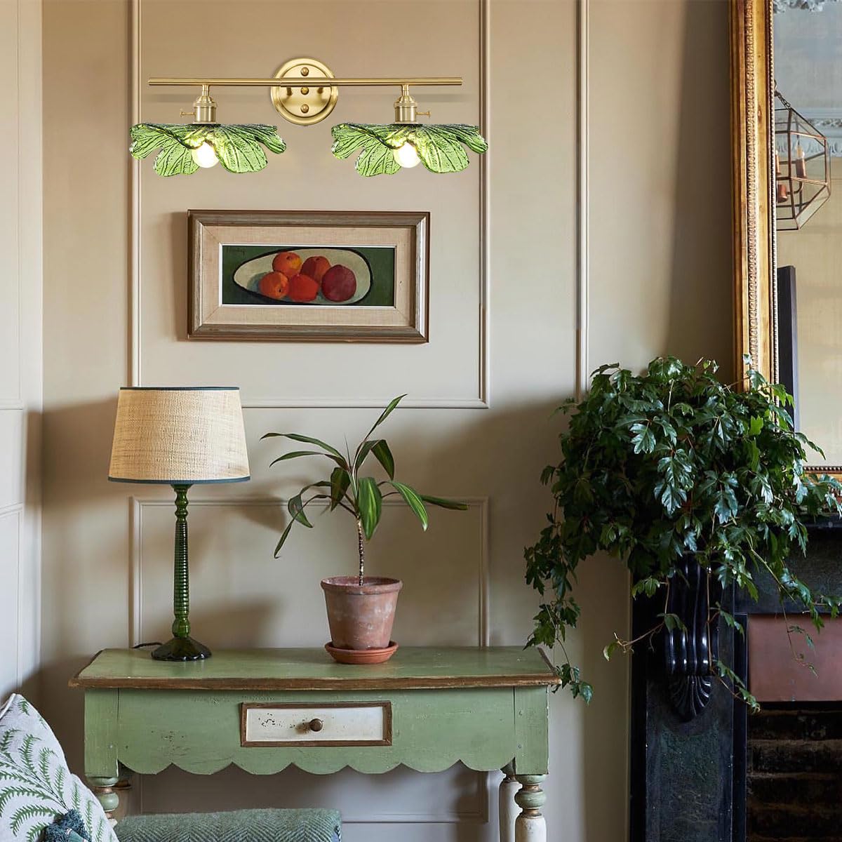 Auwieou 2 Light Bathroom Lighting Fixtures Over Mirror  Vintage Wall Sconces With Glass Shade Green Vanity Lights Mid Century Wall Sconce Light Gold Wall Lighting For Bedroom Living Room Hallway