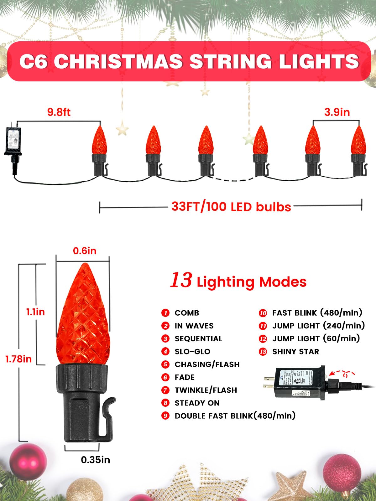 2 Pack C6 Christmas Lights Outdoor Indoor  Total 200 Led 66 Ft Connectable Christmas String Lights With Timer & 13 Modes  Waterproof Twinkle Light For Xmas Tree Yards Party Wedding Decorations (Red)