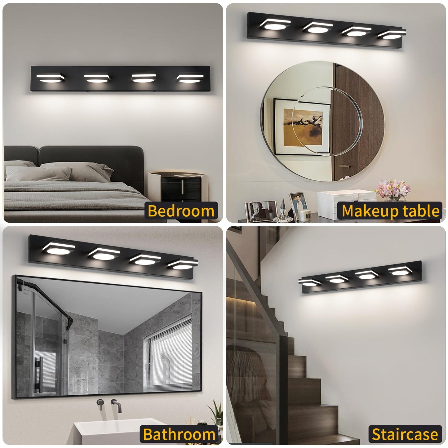 Okeli 4-Light Led Bathroom Vanity Light Fixtures  Matte Black Modern Bathroom Wall Lighting Fixtures Over Mirror (3Cct  3000K-6000K)