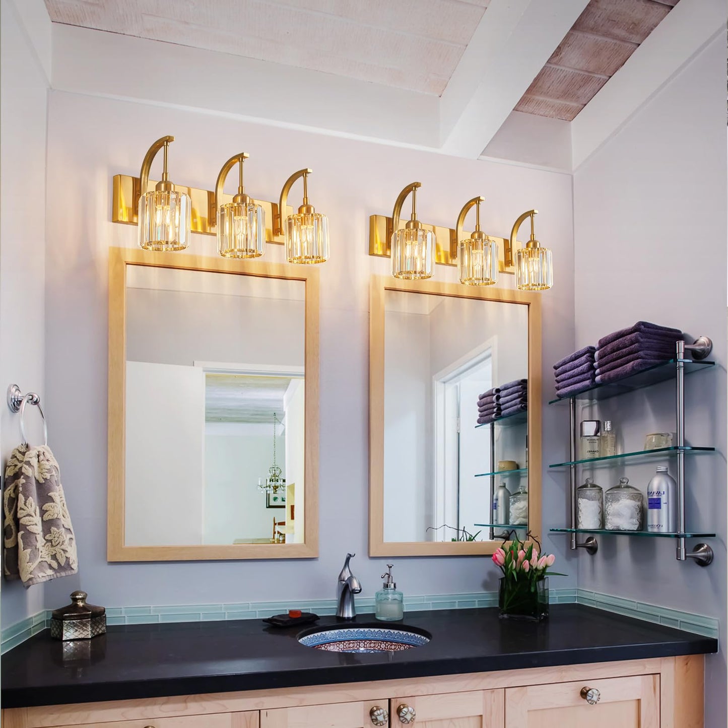 Fdpby 3-Light Crystal Vanity Light  Modern Gold Bathroom Wall Sconce With K9 Crystal Shades  23.62 Long Over Mirror Lighting For Vanity  Makeup  Hallway  Elegant & Durable