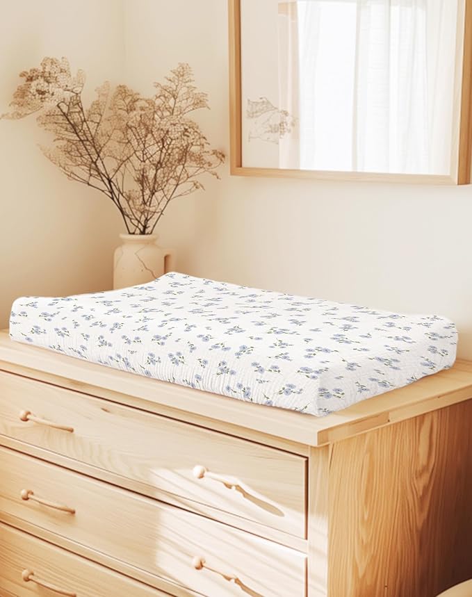 Changing Pad Cover for Baby Boy Girl 2 Pack, Muslin Changing Table Pad Covers with Boho Style, Neutral Nursery Bedding Essentials Soft and Breathable (Bluebell Bloom & Light Blue)