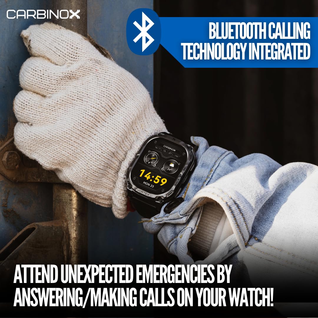 CARBINOX Vortex Smart Watch with Charger, Rugged Fitness Tracker IP69K Waterproof Compatible with Android and iOS Phone, 14 Days of Battery Military Durable