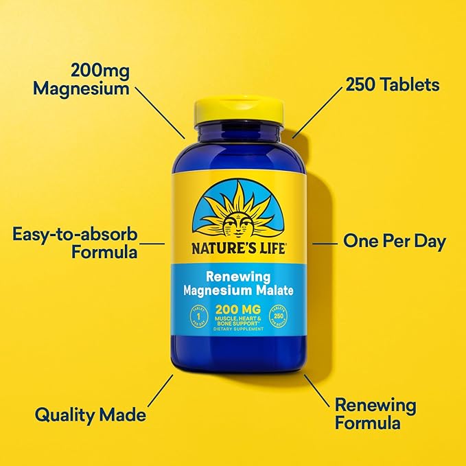 Nature's Life Renewing Magnesium Malate 200 mg - One Per Day - Muscle, Heart, Nerve Health, and Bone Support - Maximum Absorption - Lab Verified - 60-Day Guarantee - 250 Servings, 250 Tablets