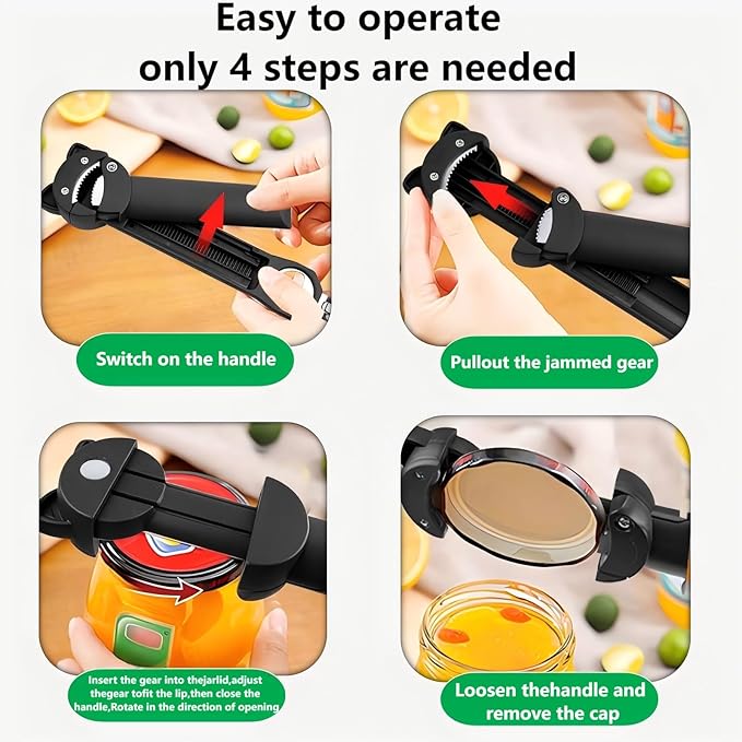 Jar Opener Bottle Opener and bottle cap opener,Multi function Retractable Magnetic Can Opener Fits Weak Hands, Arthritic Hands, Seniors,Low Strength and Children with Kitchen Gadgets（Black)