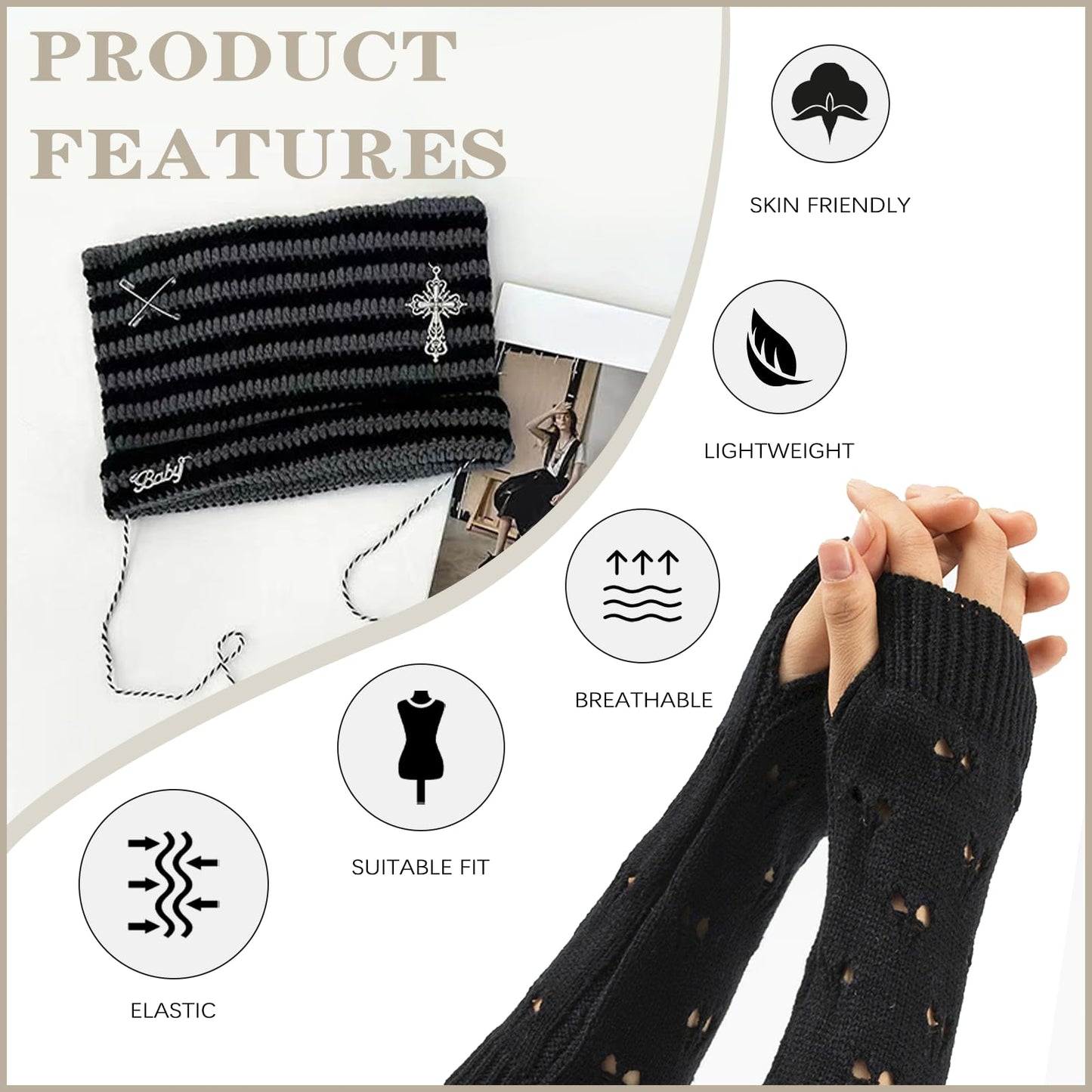 Women/Girls Crochet Hats Cat Beanie With Gloves Accessories Goth Grunge Crochet Knitted Arm Warmers Slouchy Beanies