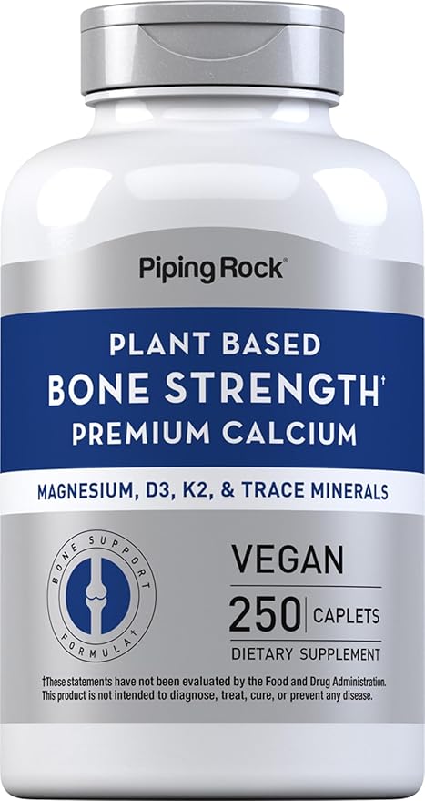Piping Rock Bone Strength Supplement for Women and Men | 250 Caplets | Premium Calcium Plant Based Complex | with Vitamin D3, K2, Magnesium, and Minerals | Vegan, Non-GMO, Gluten Free