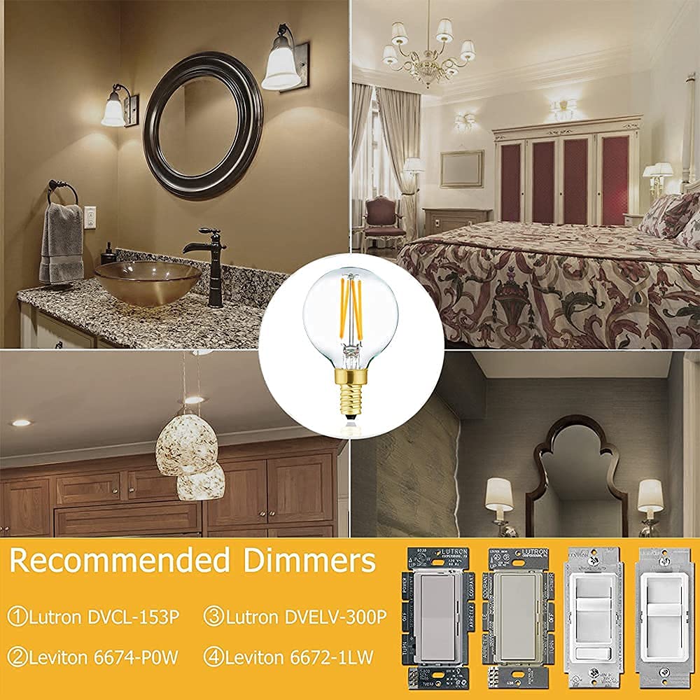 Xininsun Dimmable G16.5 Light Bulb, E12 40W Vintage Led Filament, Soft White 3000K, Glass, 6-Pack