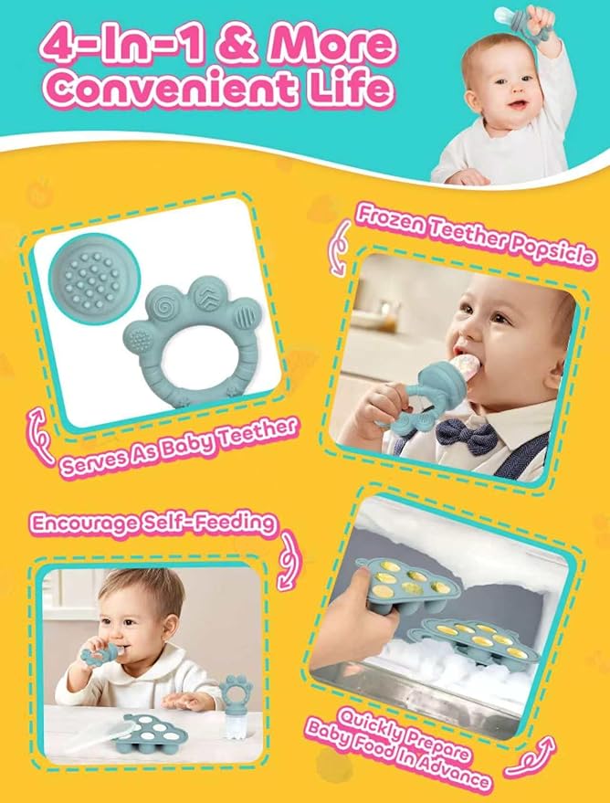Baby Popsicle Molds & Food Feeder Set, Baby Fruit Feeder for Infant Teething Relief & Safe Infant Self Feeding 4 Months+ Starting Solids for Essentials (Green+Beige)