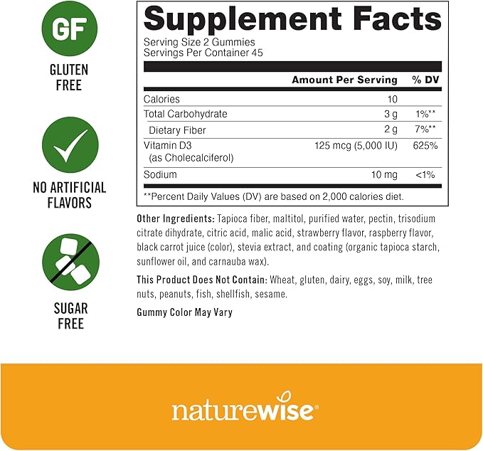 NatureWise Vitamin D3 5000 IU Gummies - Sugar-Free Mixed Berry Flavor - Vitamin D Gummies for Adults, Supports Immunity, Muscle & Bone Strength -Gelatin-Free, Non-GMO - 90 Gummies[45-Day Supply]