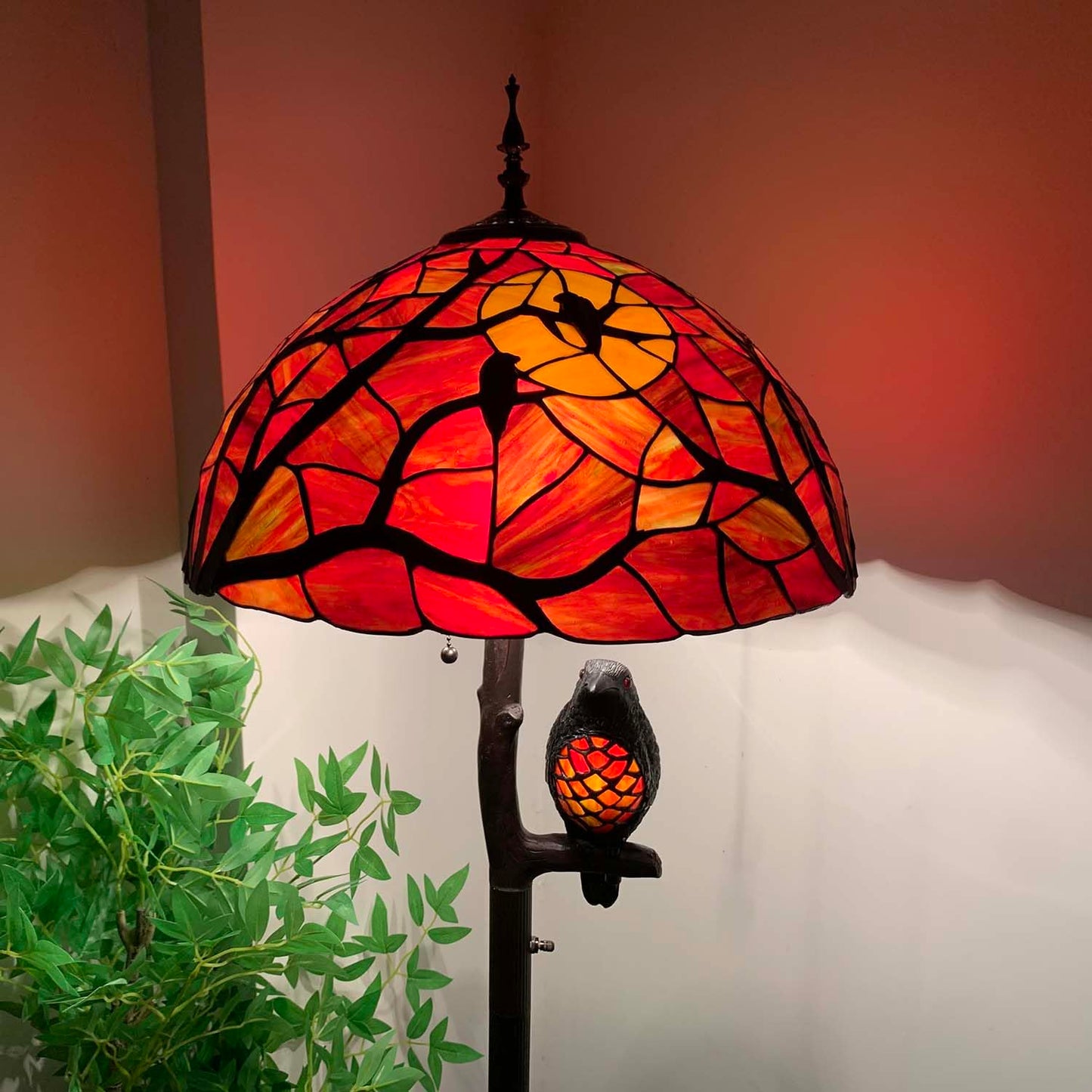 Bieye Tiffany Style Stained Glass Floor Lamp - Ravens On Tree Branch, 65 Tall, Black Red, Model Owlfloor, Double Lit Night Light