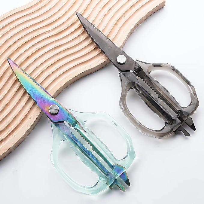 Jasni Transparent Handle Stainless Steel Sharp Powerful Kitchen Scissors Multi-Purpose Heavy Duty Food Scissors Kitchen Shears Chicken Poultry bone fish scales (Green handle color blade)