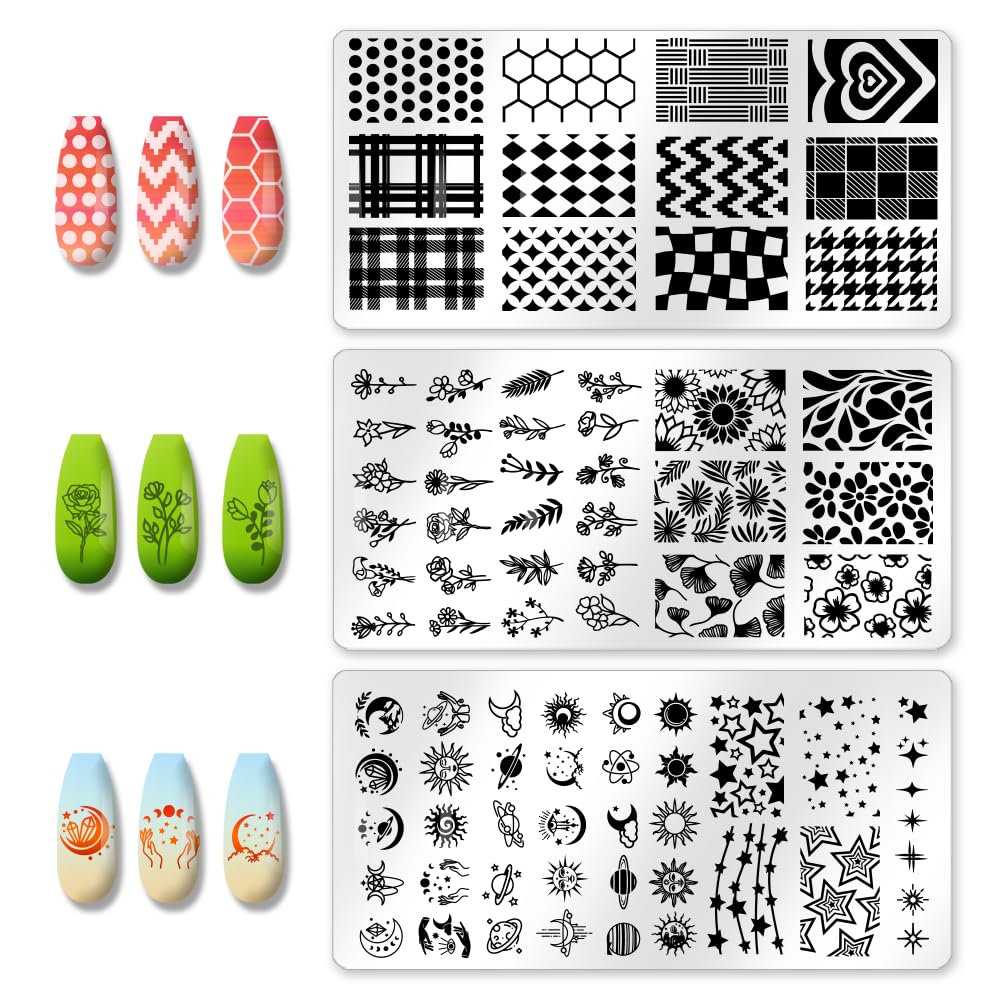 beinkmake 3Pcs Mix Design Nail Stamping Plate Flower Star Nail Stamping Templates French Line Tip Art Stamp Plates Sun Moon Stai