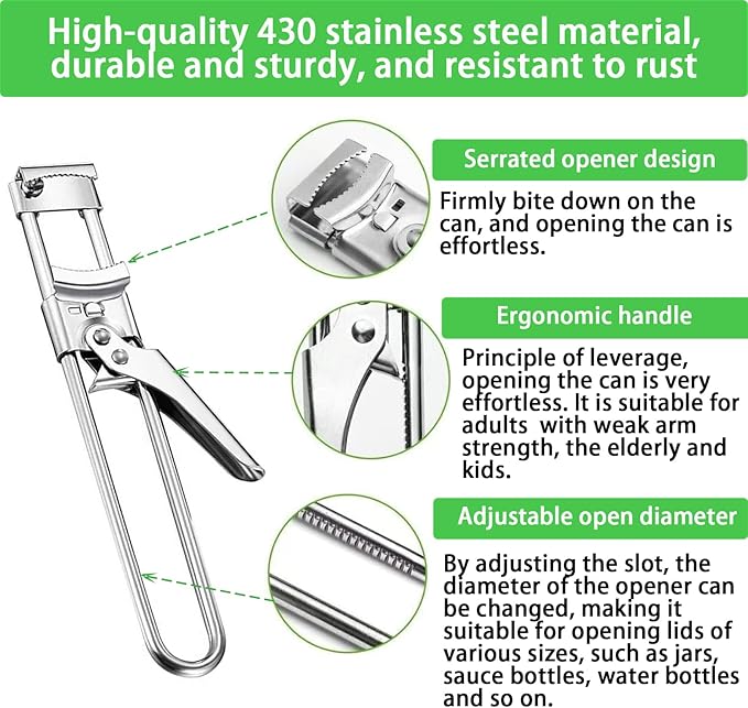 2026 Upgrade Adjustable Stainless Steel Jar Opener, New Jar Opener for Weak Hands, Multifunctional Lid Gripper & Bottle Opener with Handle, Easy-Open Kitchen Tool for Seniors and Kids (2 Pcs)