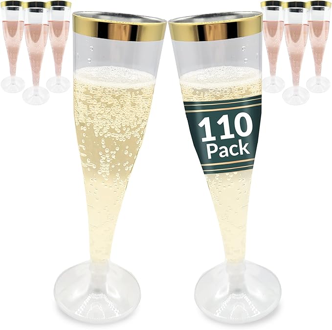 Reli. Champagne Flutes Plastic | 110 Pack | 4.5 oz - Gold Rim Clear | Premium Plastic Champagne Flutes | Party-Perfect for...