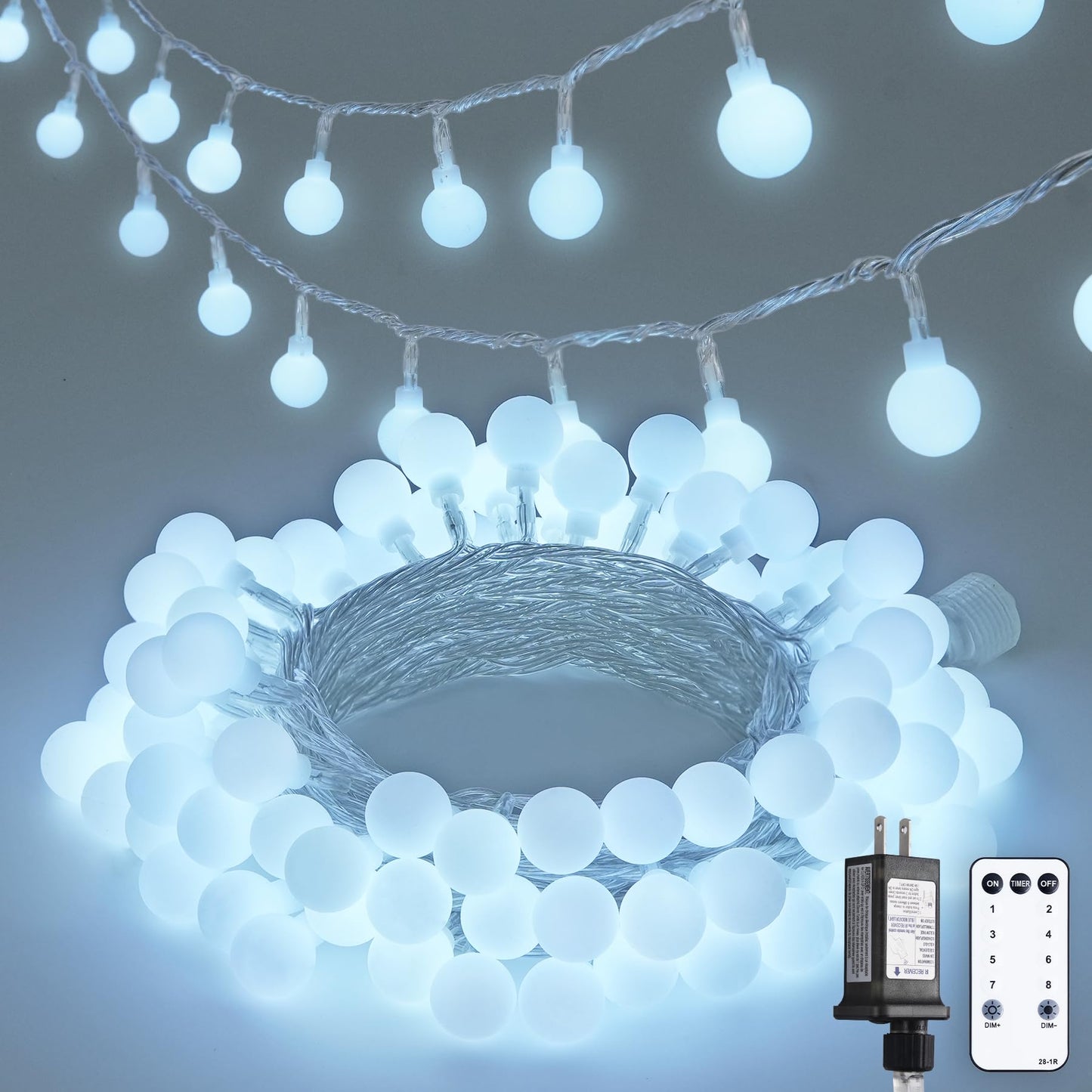 JMEXSUSS 100 LED Connectable Globe String Lights Indoor, 33 ft White Christmas Lights Plug in with Remote, 8 Modes Fairy Lights