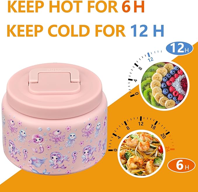 PIQUEBAR 8oz Kids Thermo for Hot Food,Small Lunch Thermos Food Container Stainless Steel,Easy Open Wide Mouth Thermo for Hot Cold Food for Preschool Travel (Pink Seahorse)