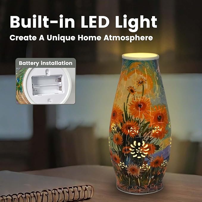 3D Puzzle Vase for Adults, 3D Puzzle Vases for Flowers, 152 Pcs 3D Puzzles Art Vase for Kids Ages 8-13, Cute Unique Flower Vases Decoration with Night Light, Crafts for Adults(Sunflower)