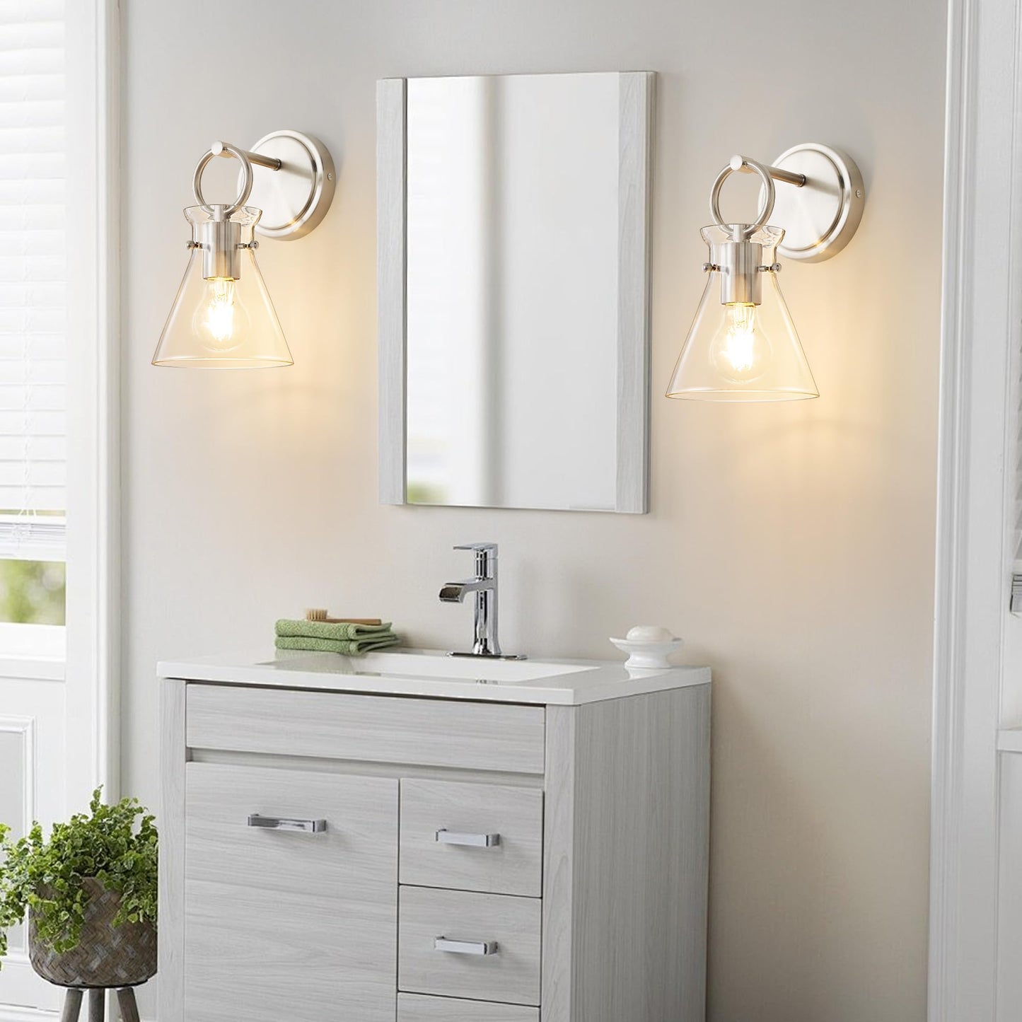 Gednbo Wall Sconces 2 Pack Modern Vanity Light Fixtures For Bathroom Nickel Wall Mount Lighting Lamp Hardwired Farmhouse Wall Lights With 6 Inch Clear Glass Shade For Bedroom Living Room Mirror