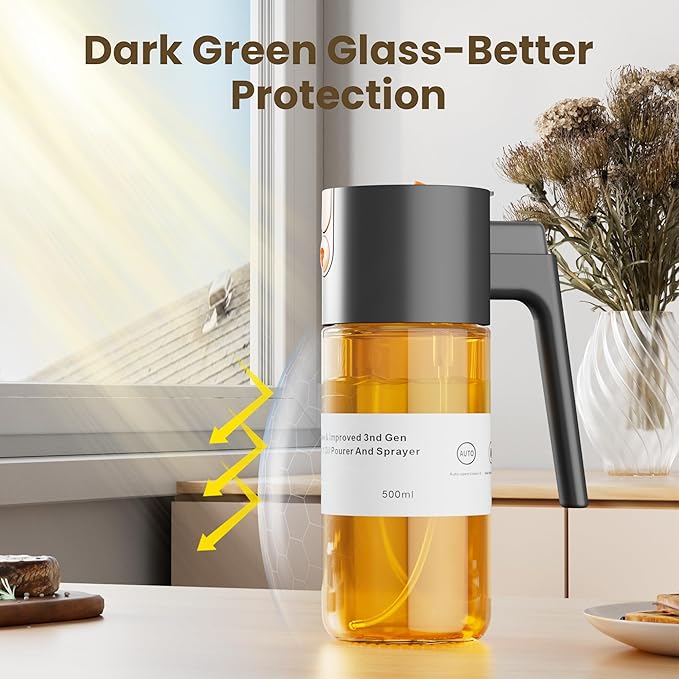 Upgrade 2 in 1 Oil Sprayer for Cooking, Olive Oil Dispenser Bottle for Kitchen Gadgets with Stickers, 17oz/500ml Food Grade Light-Blocking Glass Spray Bottle for Salad, Air Fryer, BBQ