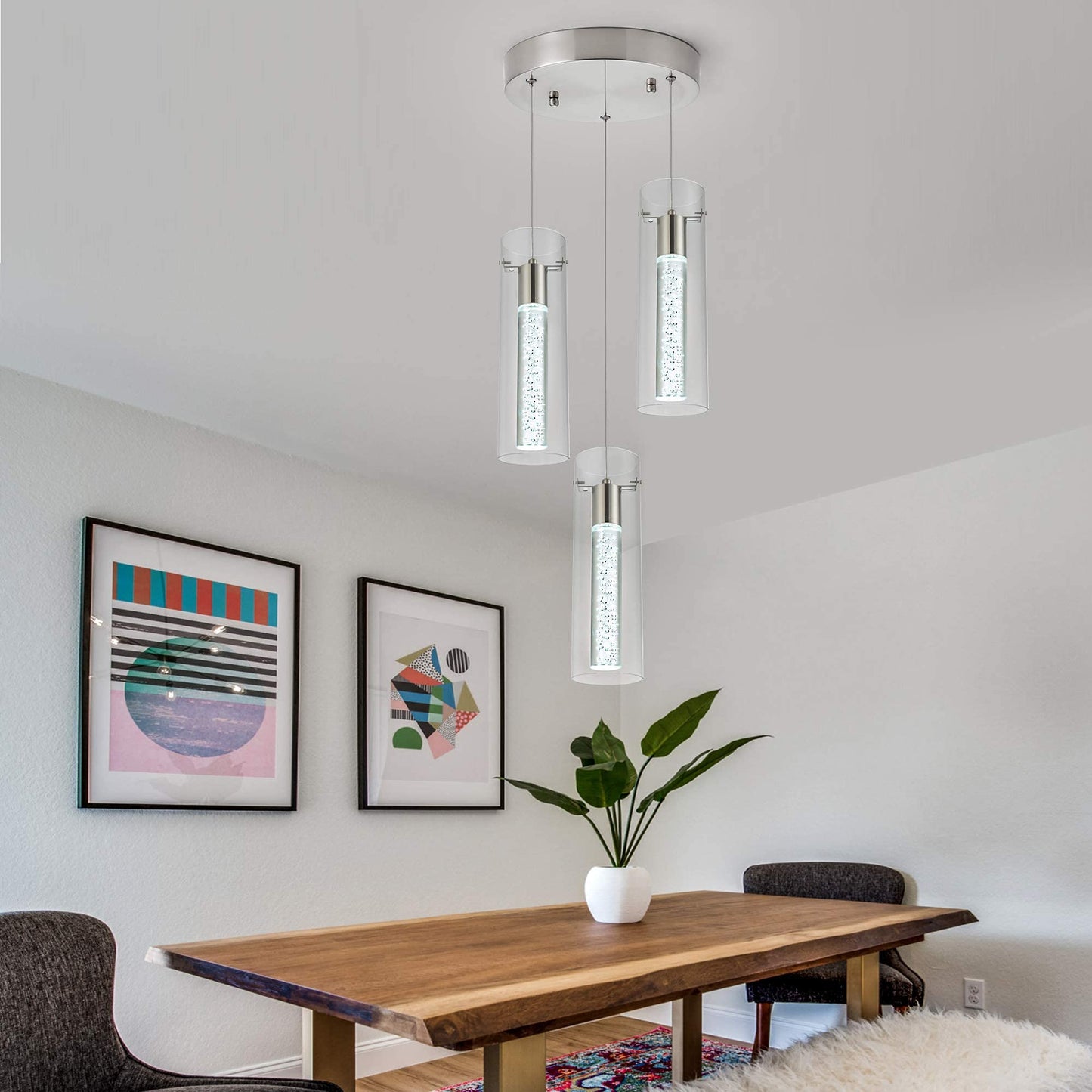 Votag Kitchen Lighting Pendant Fixtures 3-Light Led Pendant Ceiling Fixture Brushed Nickel Bubble Cylinder Pendant Light With Adjustable Length For Kitchen Island Dinning Room Bedroom