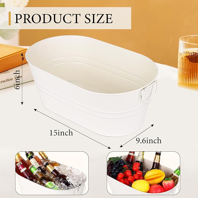 Galvanized Tub Beverage Tubs, 2pcs Metal Ice Buckets for Cocktail Bar 3 Gallon Wine Beer Drink Buckets with Handles Large Tub Cooler Mimosa Bar Supplies Ice Bucket for Parties (White)