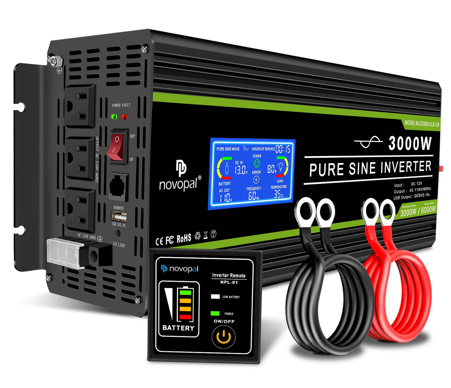 Novopal 3000 Watt Pure Sine Wave Power Inverter Dc 12V To Ac 110V 120V Rv Inverters With 3 Ac Outlets,High Power Terminal-16 Ft