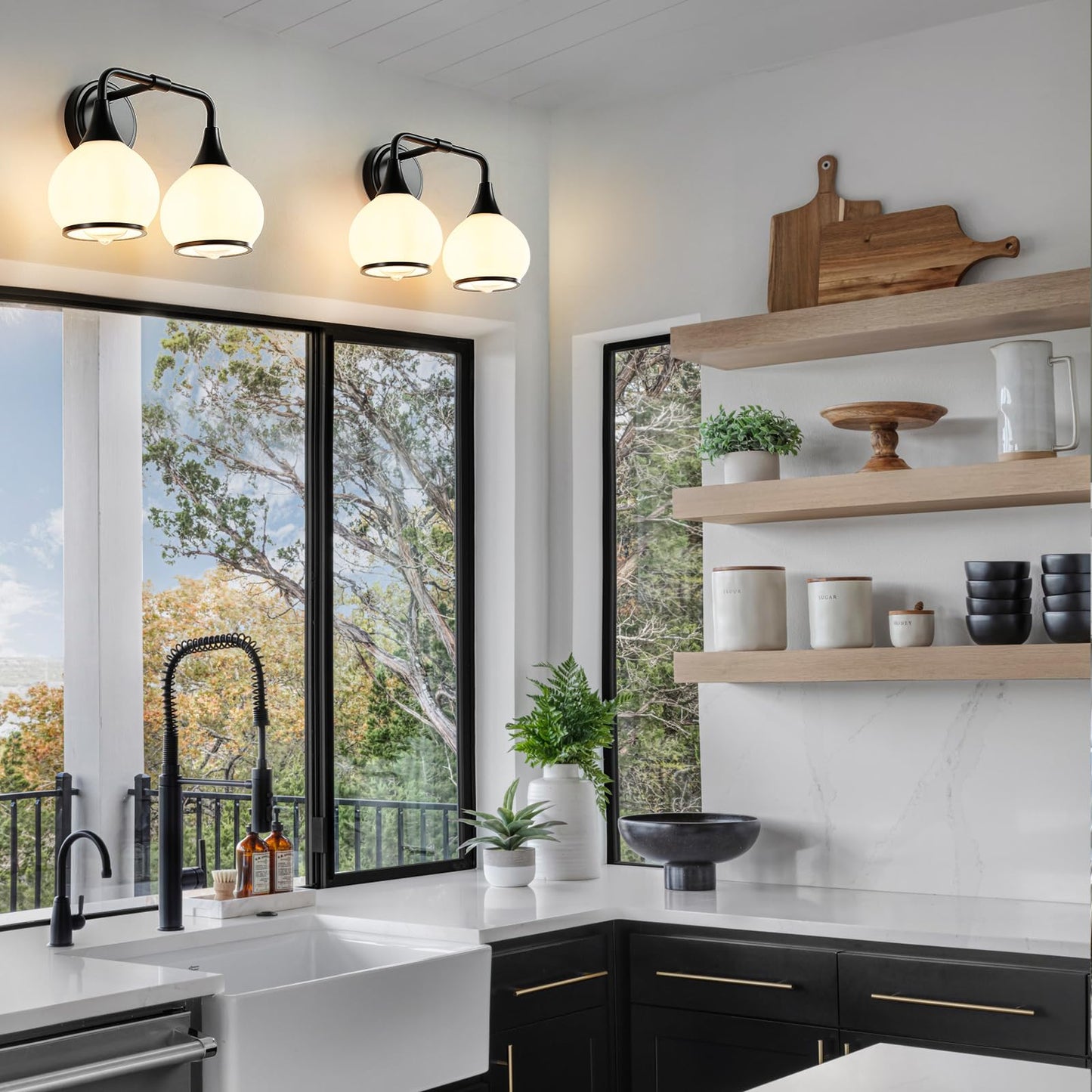 Hahzt 2 Light Black Bathroom Vanity Light Fixtures With Milky White Frosted Glass Shade, Model 8033Ml, Wall Sconce Lighting