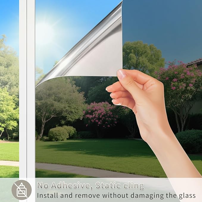 Filmgoo Window Privacy Film One Way Daytime Mirror Tint Treatments UV Heat Control Vinyl Stickers Sun Block Glass Paper Door Covering Reflective (Black Silver, 45.6 Inch x 14.4 Feet)