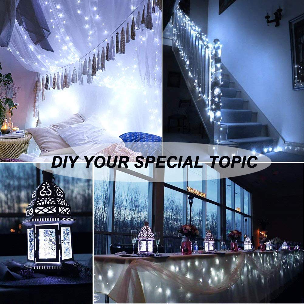 MUMUXI Fairy Lights String Lights, 33ft 100 LED, Battery Operated, Timer, Cool White, Waterproof Silver Wire, Set of 2