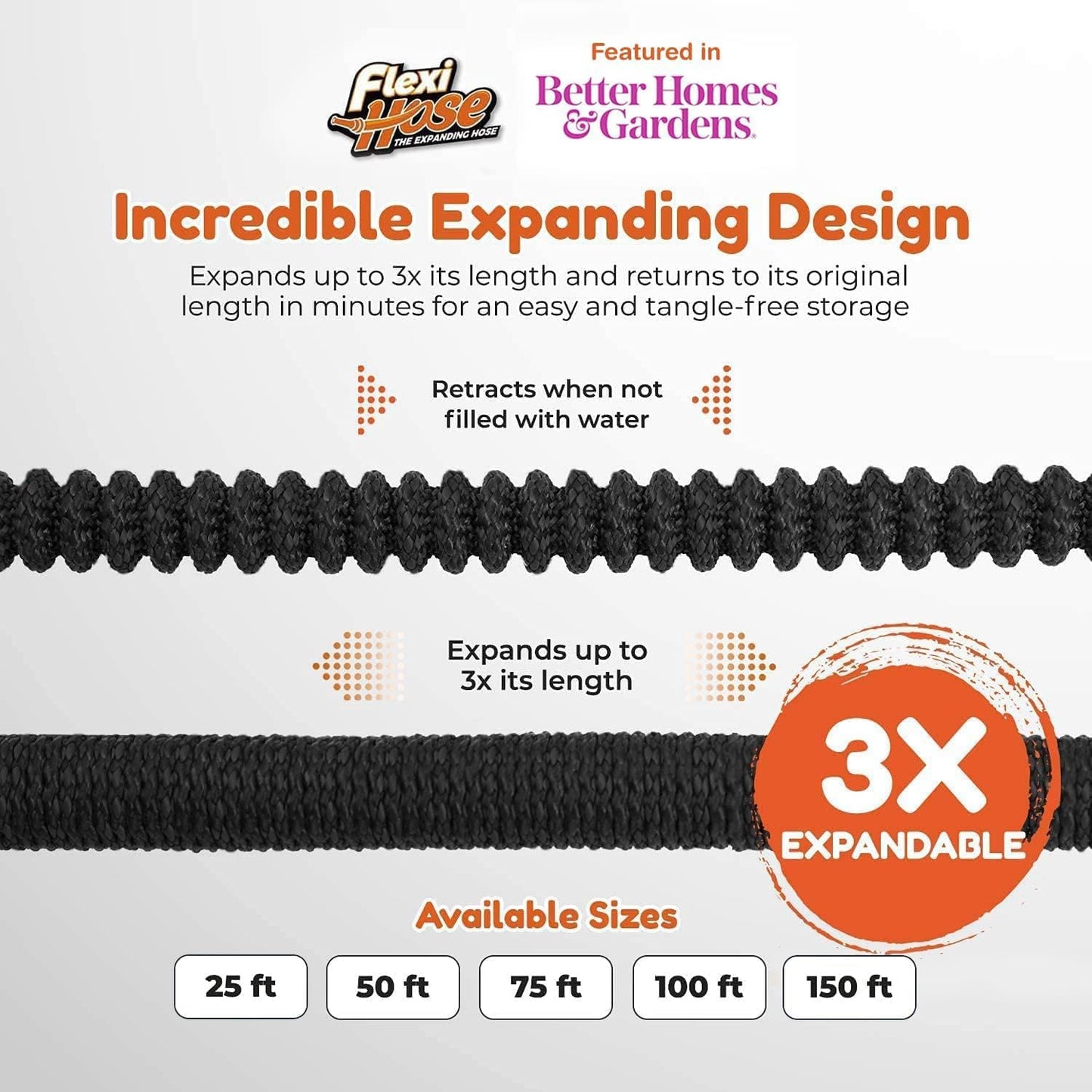 Flexi Hose with 8 Function Nozzle, 150FT - Lightweight Expandable Garden Hose, No-Kink Flexibility, 3/4 Inch Solid Brass Fittings and Double Latex Core