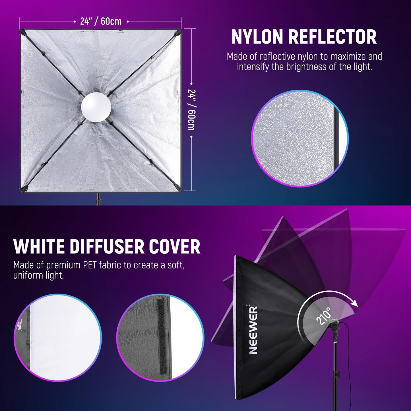 NEEWER RGB Softbox Lighting Kit with App Control & 9 Effect Modes, 2 Pack 26W FCC/IC/UL Certified LED Bulbs CRI93+ TLCI98+, E26 Porcelain Sockets, 24" Softboxes, for Studio Photography Lighting, NK800