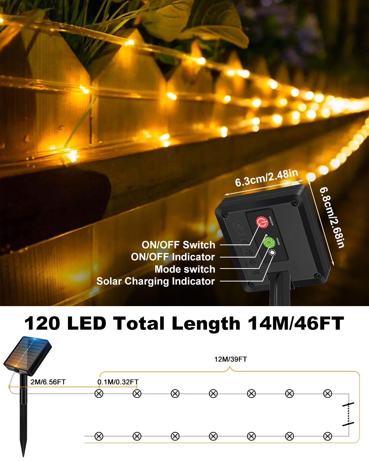 Btfarm Solar Rope Lights Outdoor  120Led 46Ft Solar String Lights Outside Waterproof  8 Lighting Modes Tree Tube Fairy Light Solar Powered For Garden Christmas Yard Party Decorations  Warm White