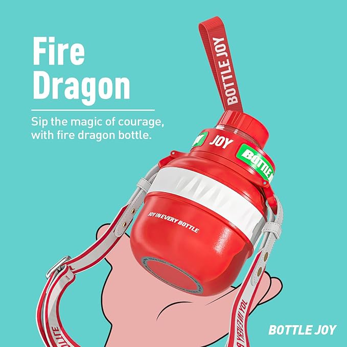 Stainless-Steel Water Bottle: Kids Water Bottle,Leakproof Lid, Perfect Sip, Double Insulated, Eco-Friendly, Dishwasher Safe & Stylish Strap, Gifts for Kids (Fire Dragon, 16 oz)