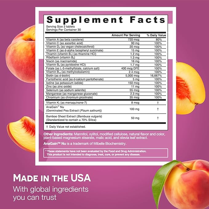 EZ Melts Dissolvable Women’s Multivitamin + Hair Growth with Biotin, Bamboo Extract & Clinically Studied AnaGain Nu, Supports Visibly Healthier, Stronger Hair, Sugar-Free Peach Flavor, 1-Month