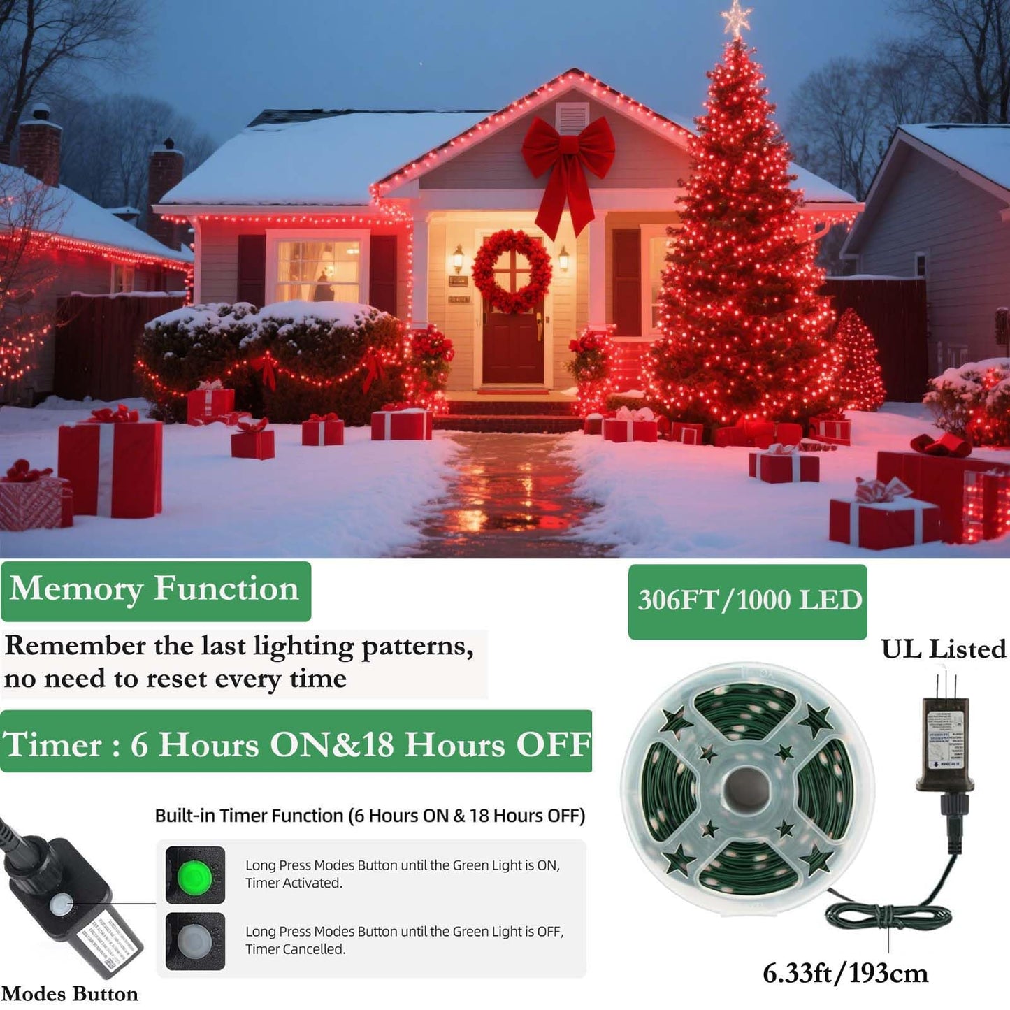 Tcamp 306Ft 1000 Led Red Christmas Lights  8 Modes Christmas Tree Lights With Timer Memory Function  Green Wire Starry Fairy String Light For Xmas Tree Outdoor Indoor Decor
