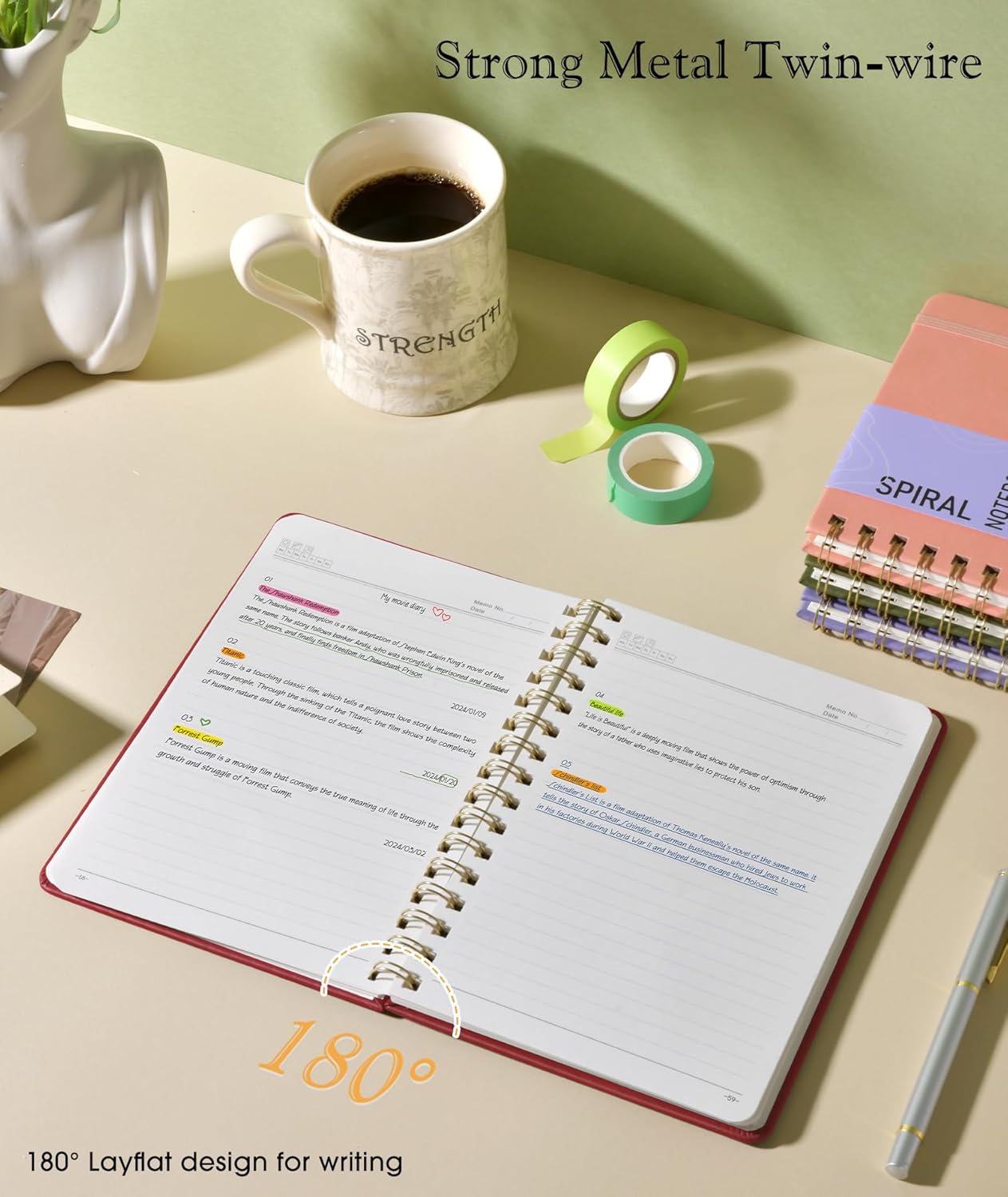 Lined Spiral Journal Notebook, A5 Hardcover Spiral Journals for Women Men, 150 Numbered Pages Spiral Bound Notebook, 100 GSM College Ruled Notebooks for Writing Note Taking 5.75" x 8.38", Wine Red