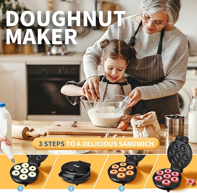 DSP Mini Donut Maker - Non-Stick, Cool Touch Electric Doughnut Machine for Mini Donuts - Perfect for Breakfast, Snacks & Desserts (Black, 7 Donuts)