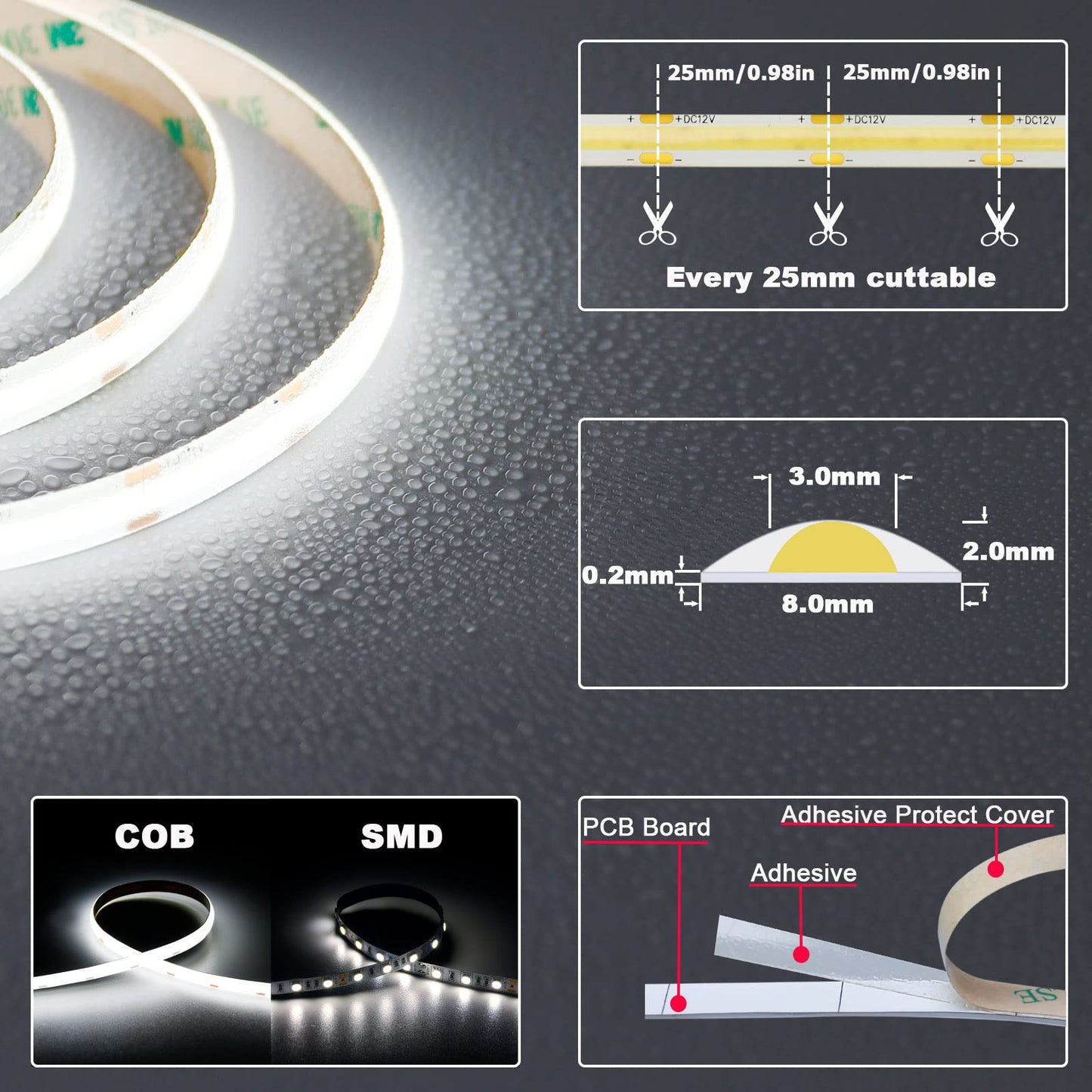 Topai 12V Cob Led Strip Light, 5000K Daylight White, 4000Lm, 16.4Ft, Ip65 Waterproof, Flexible, High Density, Model Cobw